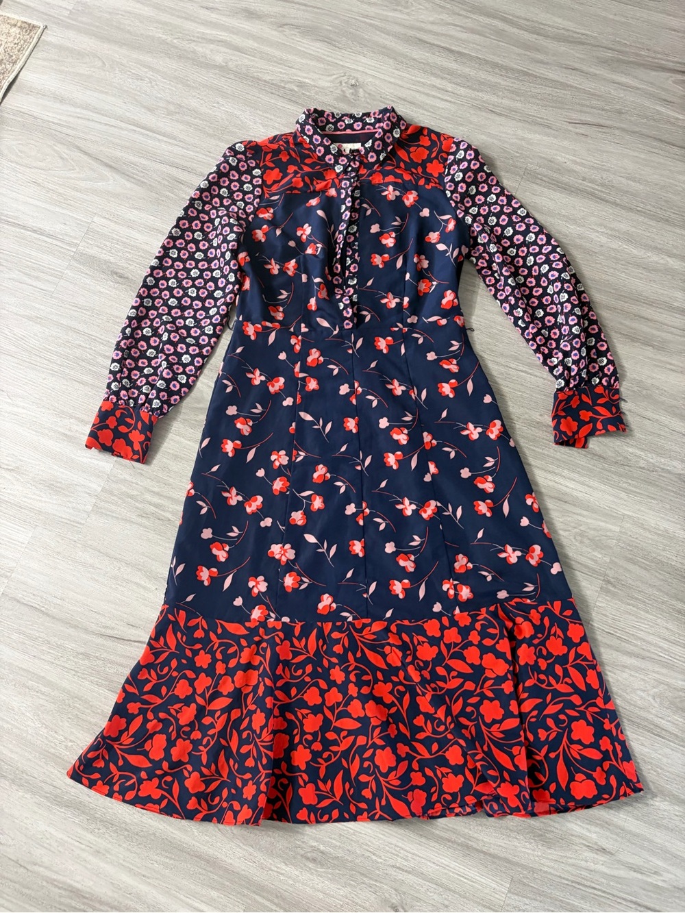 Boden Navy and Red Mixed-Print Midi Dress - Picture 2 of 7